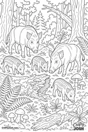 Wild boar family in a mossy forest
