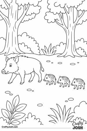 Wild boar mother with striped piglets