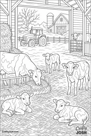 Winter barn with cows and snow outside