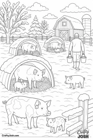 Winter farm with pigs in straw and snow