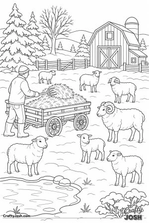 Winter farm with sheep and a hay cart
