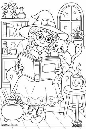 Witch and cat reading a recipe book