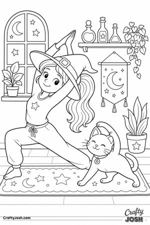 Witch doing yoga with her cat