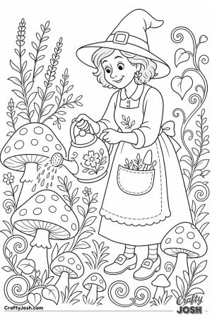 Witch garden with giant toadstools and herbs