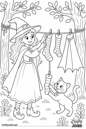 Witch hanging striped stockings on a washing line
