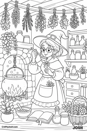 Witch kitchen with hanging herbs and a cauldron