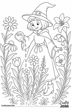 Witch pouring a potion that makes flowers grow