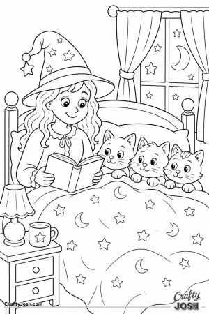Witch reading a bedtime story to her cats