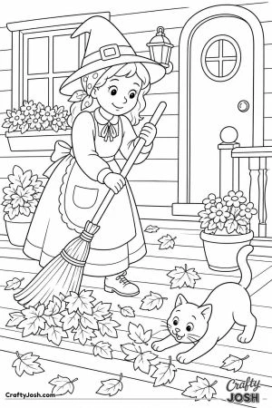 Witch sweeping the porch with her broom