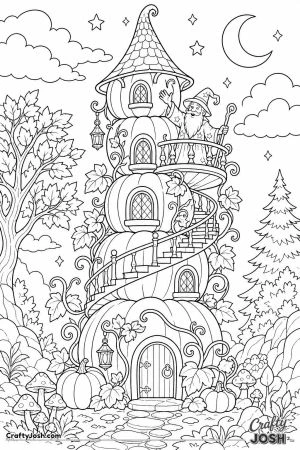 Wizard tower built from stacked pumpkins