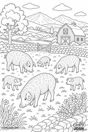 Woolly pigs on a hillside farm